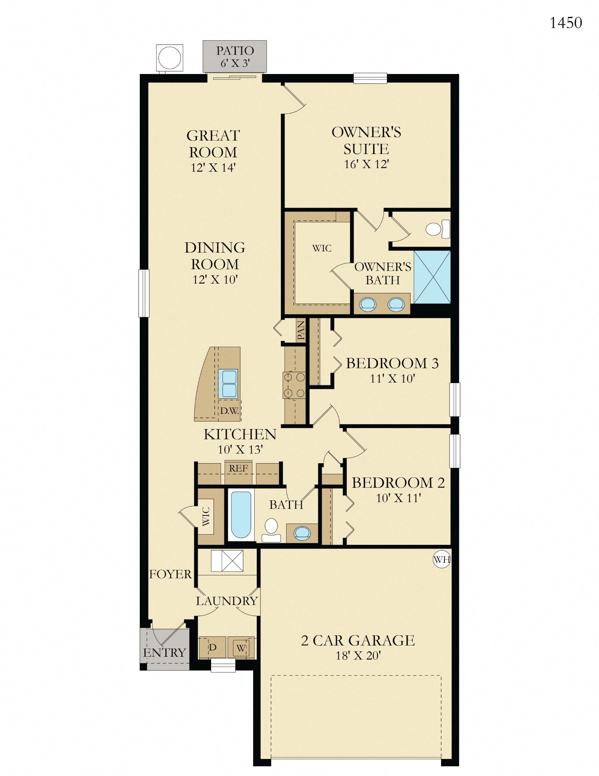Floor plan for 3 beds, 2 baths, 1461 sqft